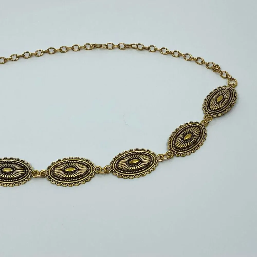 Vintage Y2K Western Gold-Tone Concho Chain Belt, Fits 16–39.5 Inches, X7GA1216